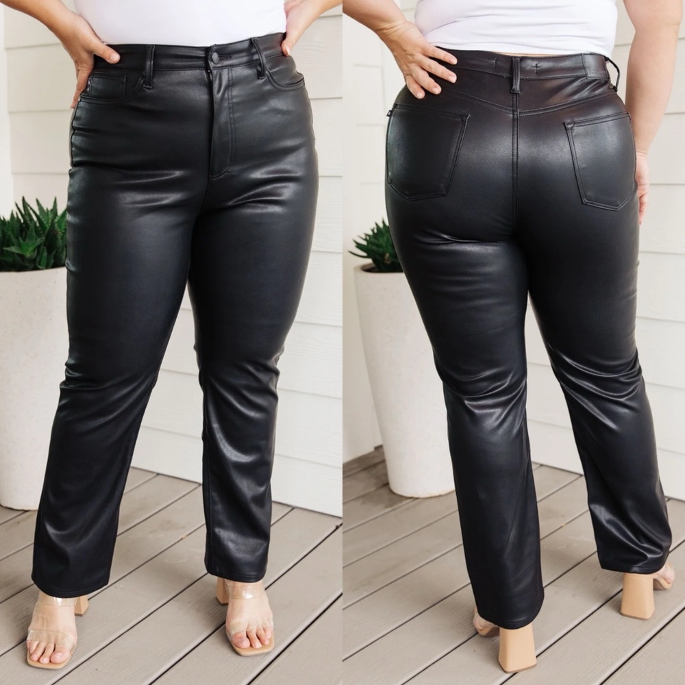 NWT Judy Blue Faux Leather High Rise Straight Leg Pants Black